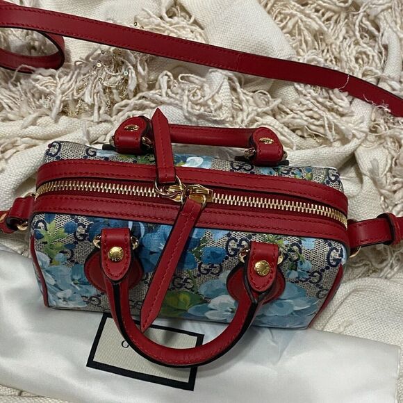 GUCCI GG Mini Blooms 2 Way Bag 546312 GG Supreme Brown/Red/Blue NEW - Picture 4 of 12